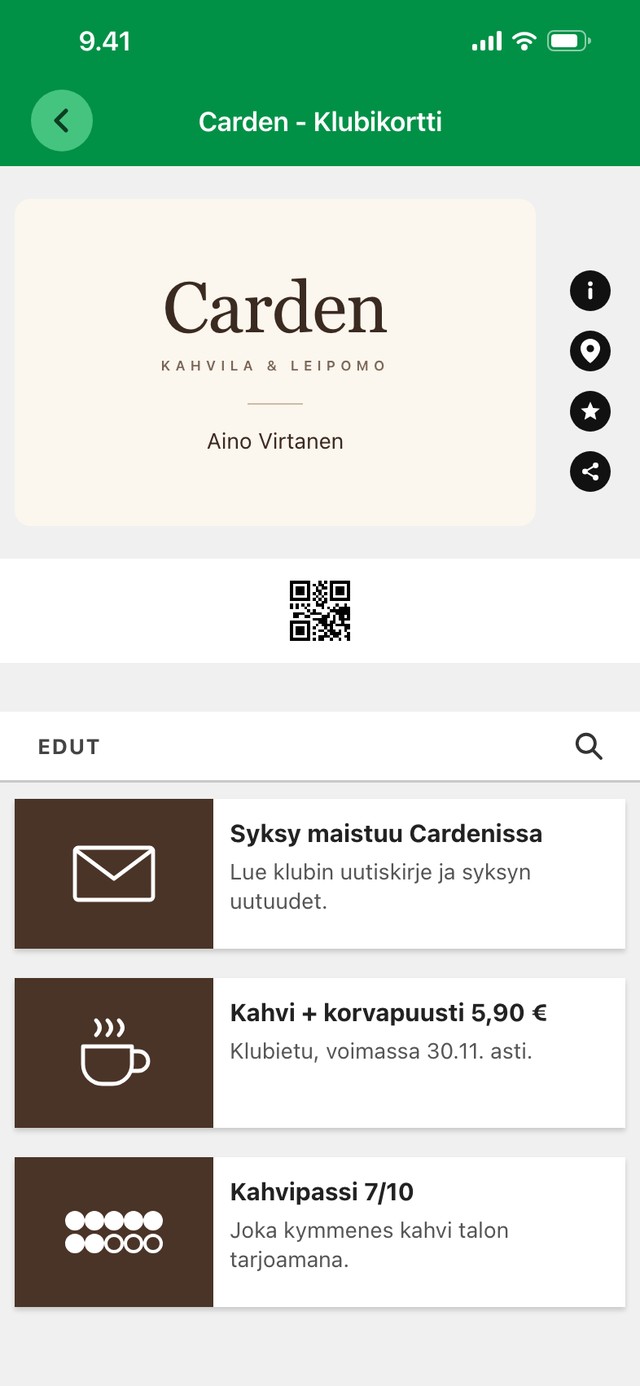 Carden-kahvilan klubikortti, uutiskirje ja edut Cardu-sovelluksessa