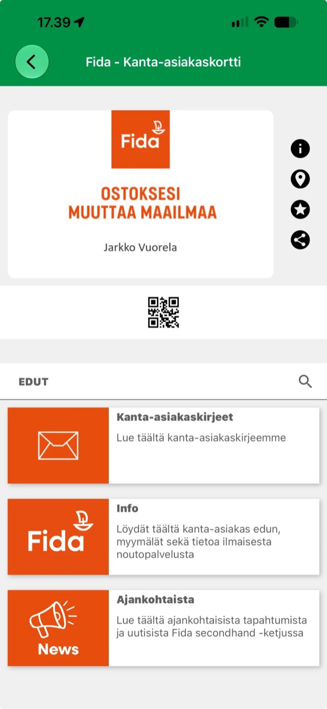 Fidan kanta-asiakaskortti ja QR-koodi Cardu-sovelluksessa